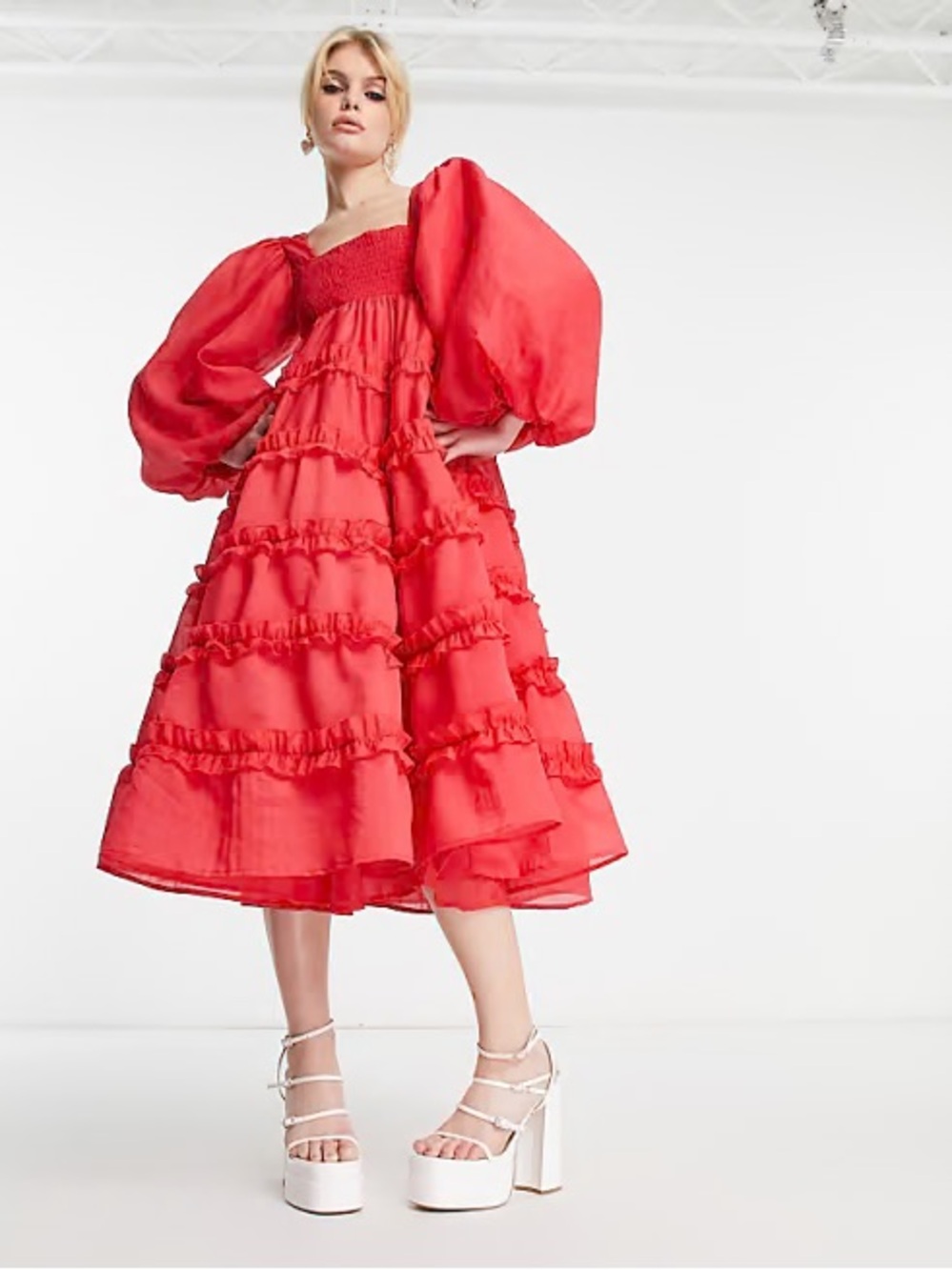 Sister Jane squareneck tiered organza midi dress in red